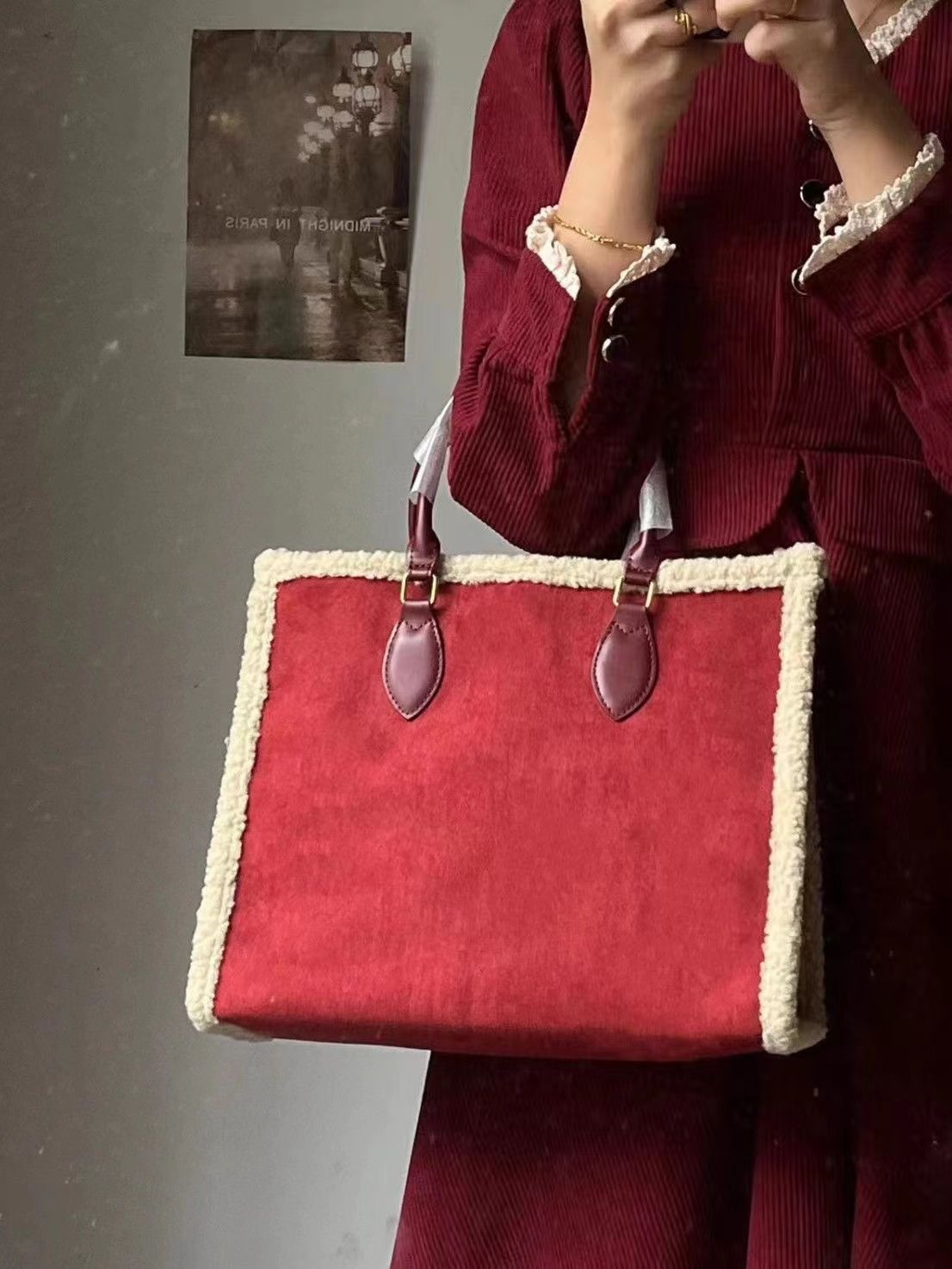 2023 New Wedding Bag Red Bag Large Capacity Plush Tote Bag Large Bag Women's Shoulder Portable Wedding Wedding Bag