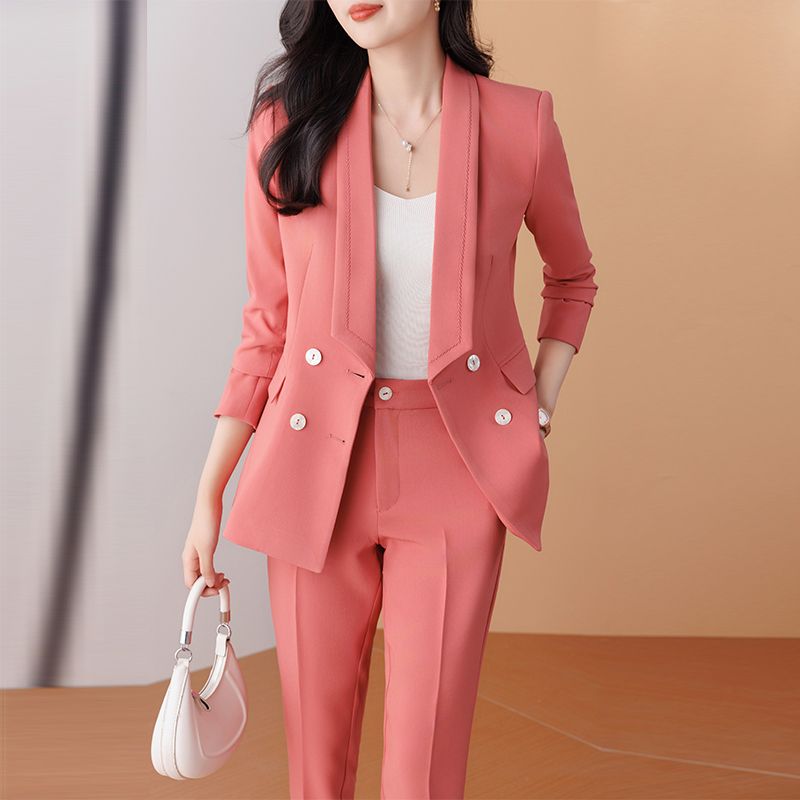 粉色西裝套裝女秋冬氣質職業正裝OL修身顯瘦西服外套兩件套工作服