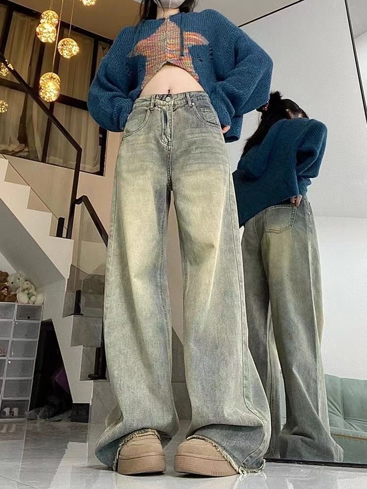美式ins復古黃泥毛邊直筒牛仔褲女秋冬設計感高腰寬鬆顯瘦闊腿褲