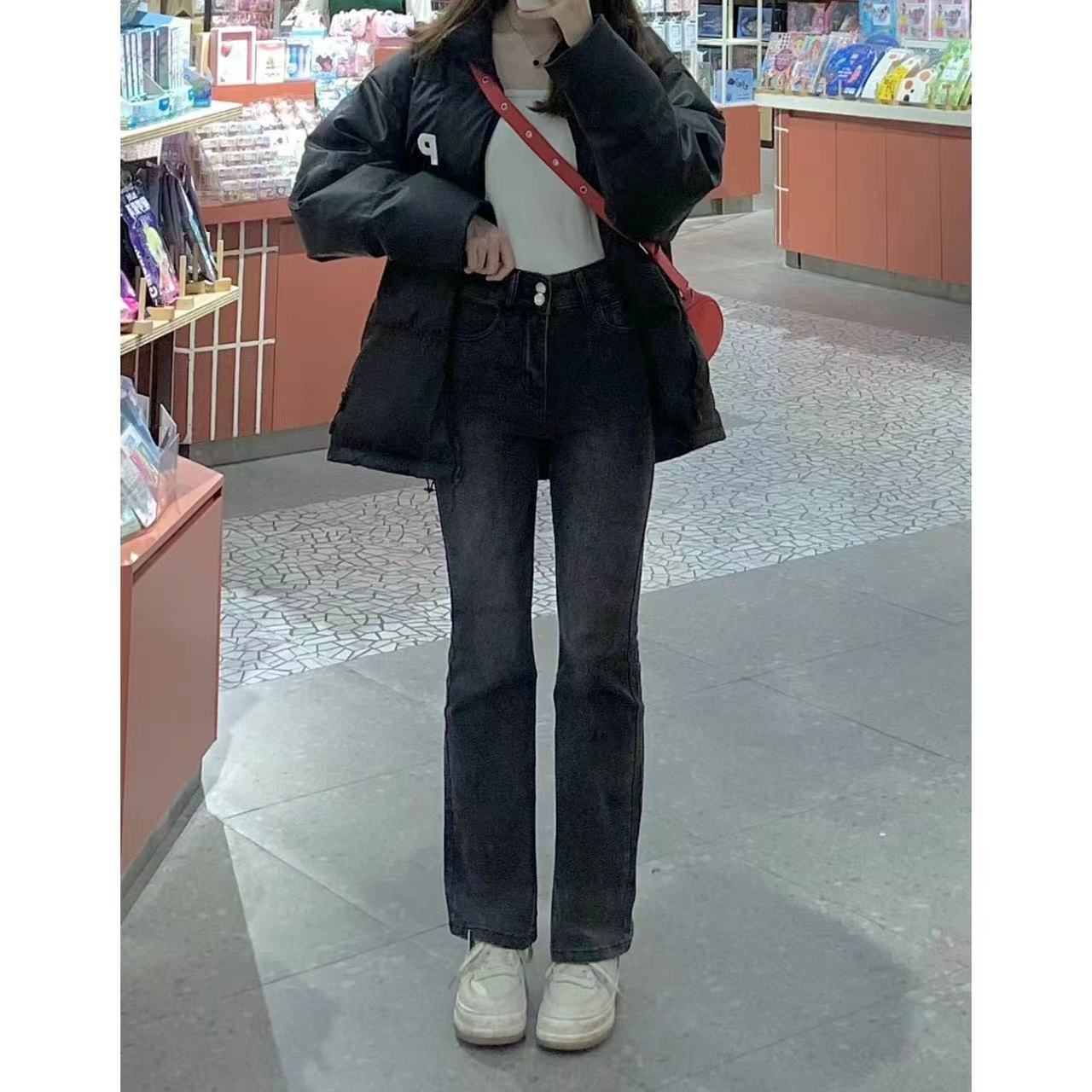 秋冬季黑灰色微喇叭牛仔褲女修身顯瘦拖地加長褲水洗彈力美式馬蹄