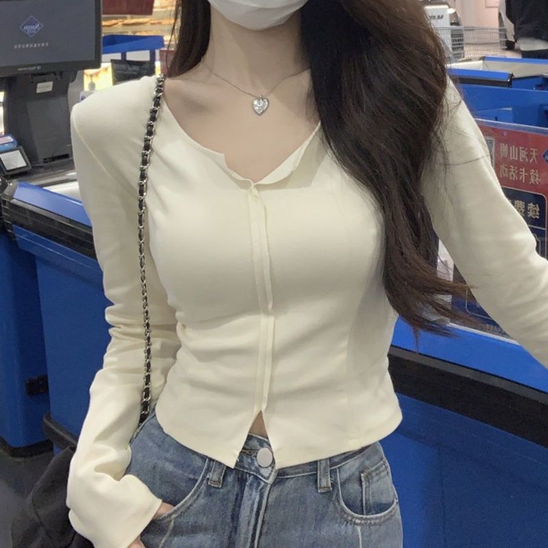 v領不規則設計感小眾長袖t恤女秋季薄款設計感小眾內搭打底衫上衣