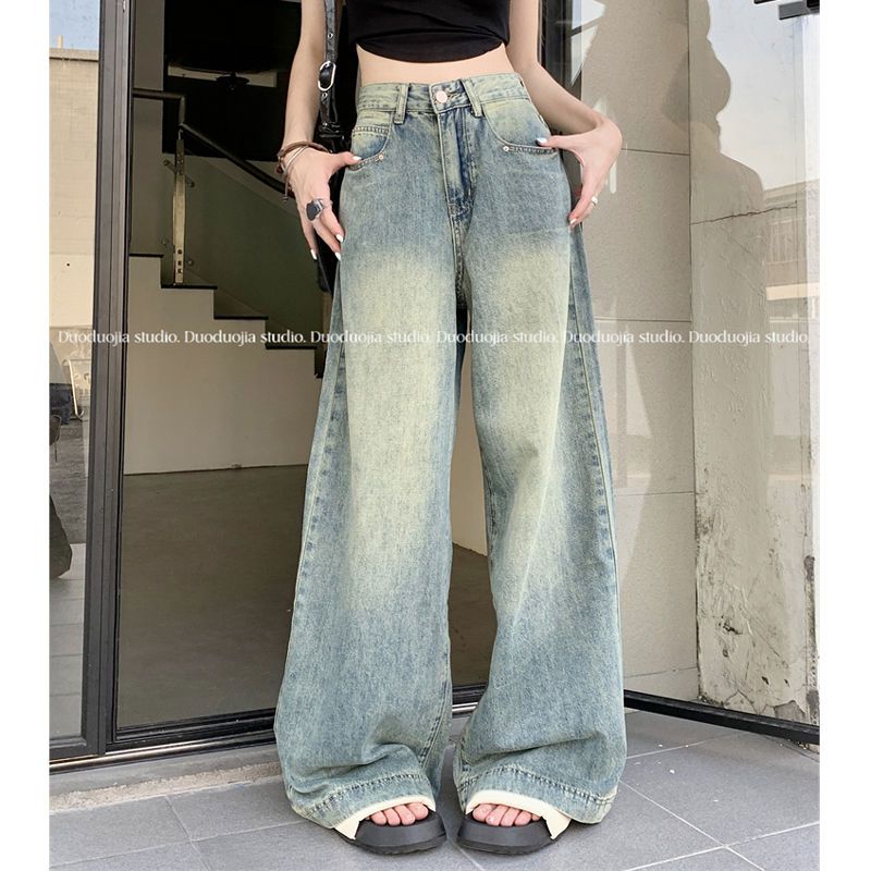 145小個子復古做舊闊腿牛仔褲女寬鬆春秋高腰顯瘦直筒垂感長褲潮