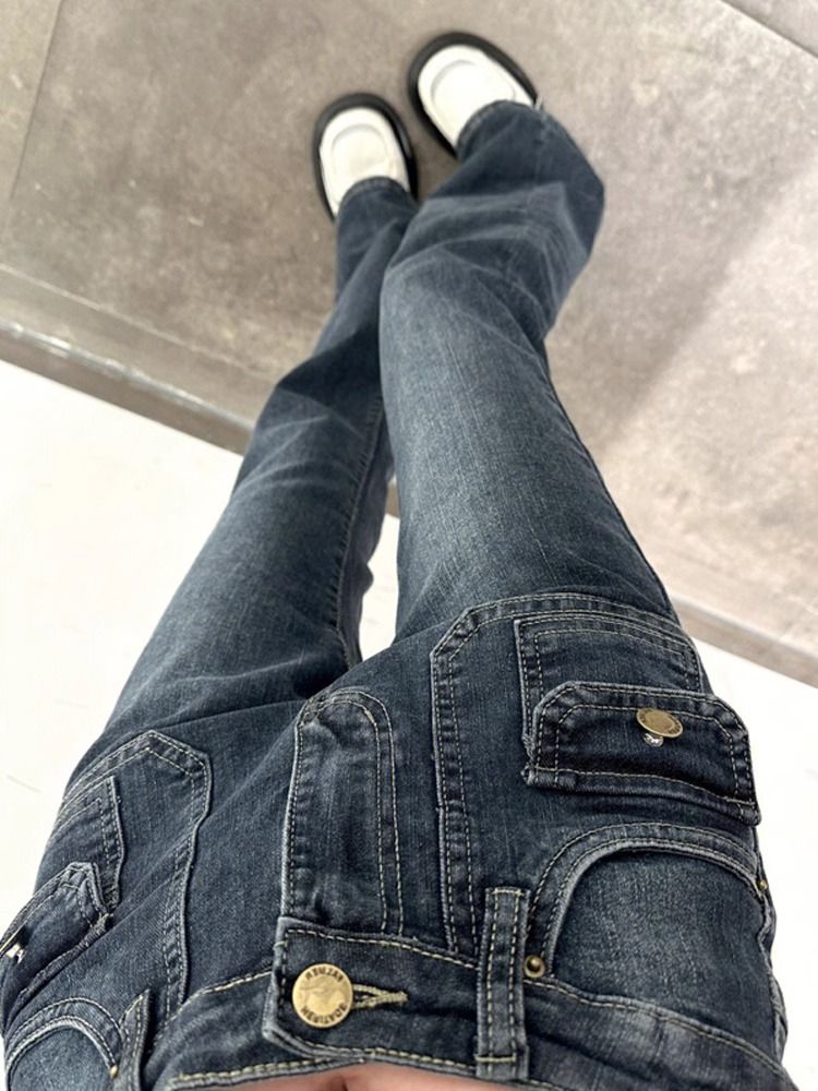 復古藍高腰喇叭牛仔褲女2023新款輕奢設計感彈力修身顯瘦拖地褲子