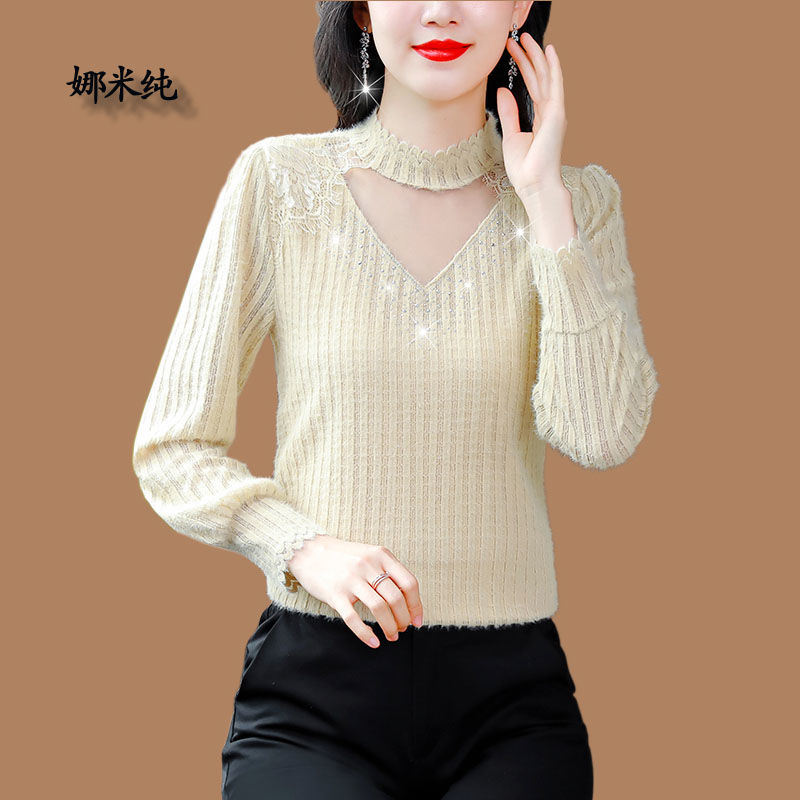 半高領磨毛蕾絲打底衫女時尚設計感上衣2023秋冬新款洋氣高貴小衫