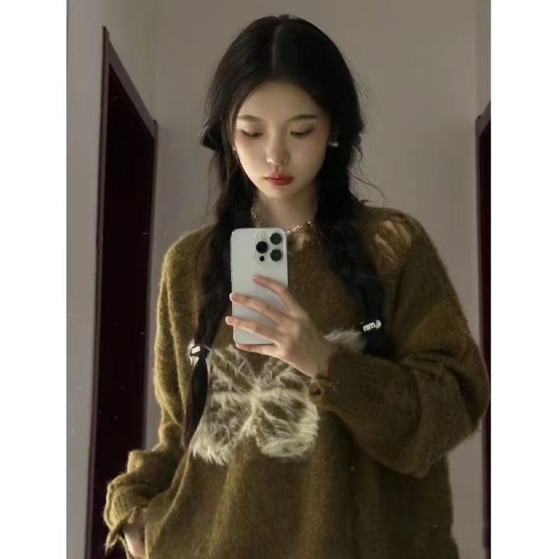 美式復古慵懶風蝴蝶結毛衣女秋冬新款設計感小眾寬鬆套頭針織上衣