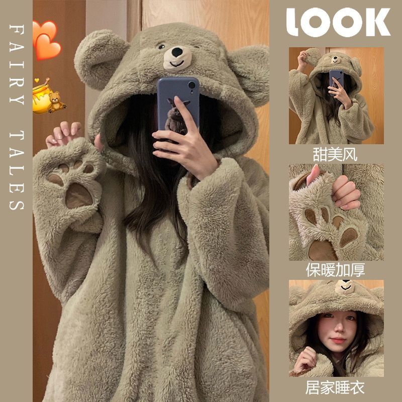 可愛熊寶珊瑚絨睡衣女冬季加絨加厚保暖法蘭絨可外穿家居服套裝