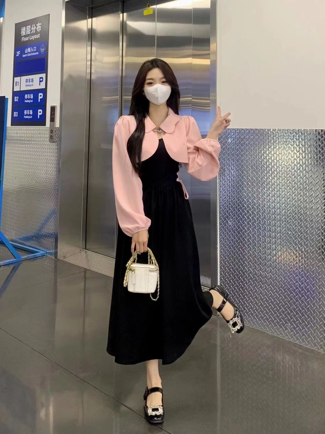 大碼法式大翻領設計感長袖連衣裙女胖mm秋冬甜美超修身荷葉邊長裙
