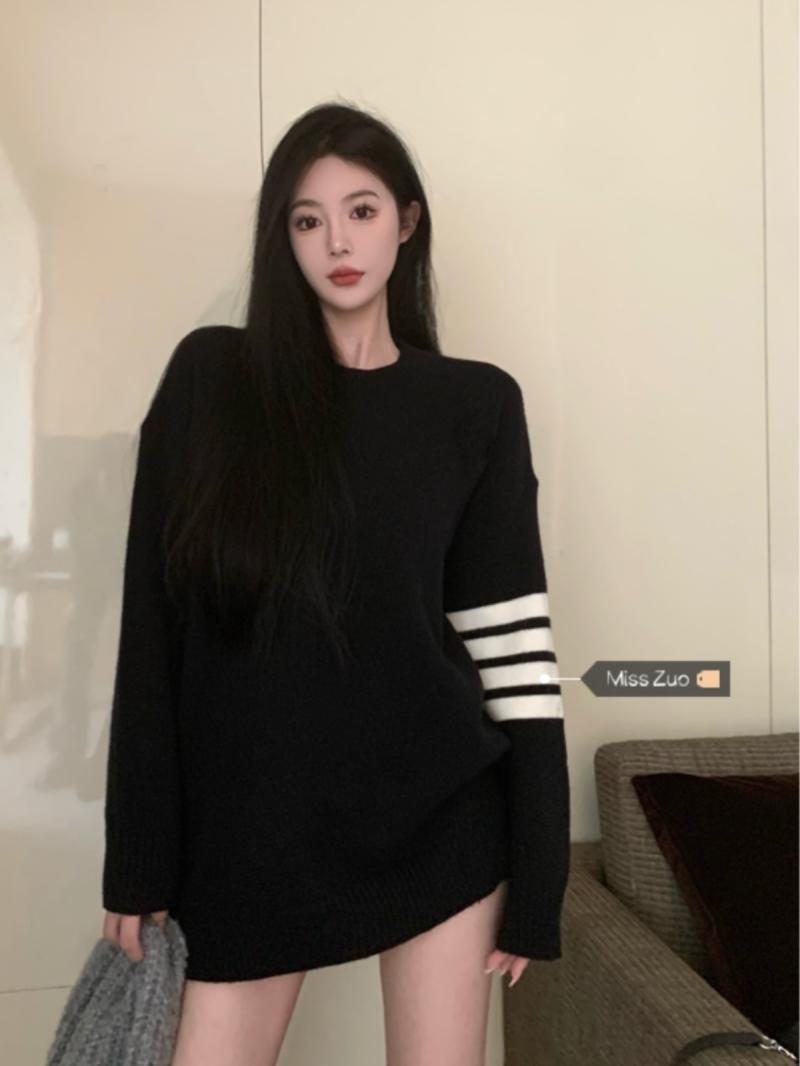 PROMONE黑色毛衣女秋冬中長款2023新款美式復古慵懶風寬鬆針織衫