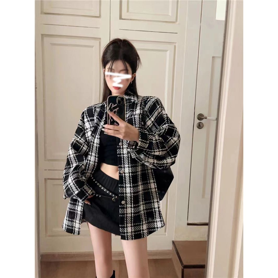 韓版復古翻領格子長袖寬鬆襯衫女秋冬新款小眾百搭顯瘦外套上衣潮