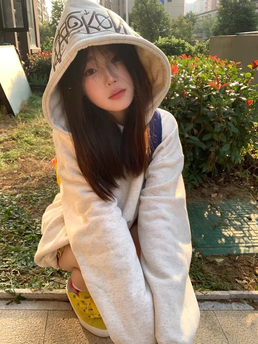 純棉韓版連帽美式加絨衛衣女冬季ins美式手寫刺繡設計感小眾外套