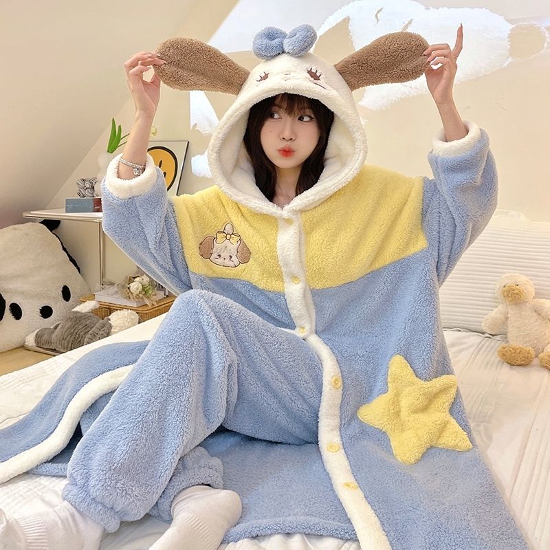 中長款帕恰狗睡衣女秋冬季珊瑚絨加絨加厚卡通可愛睡袍學生可外穿
