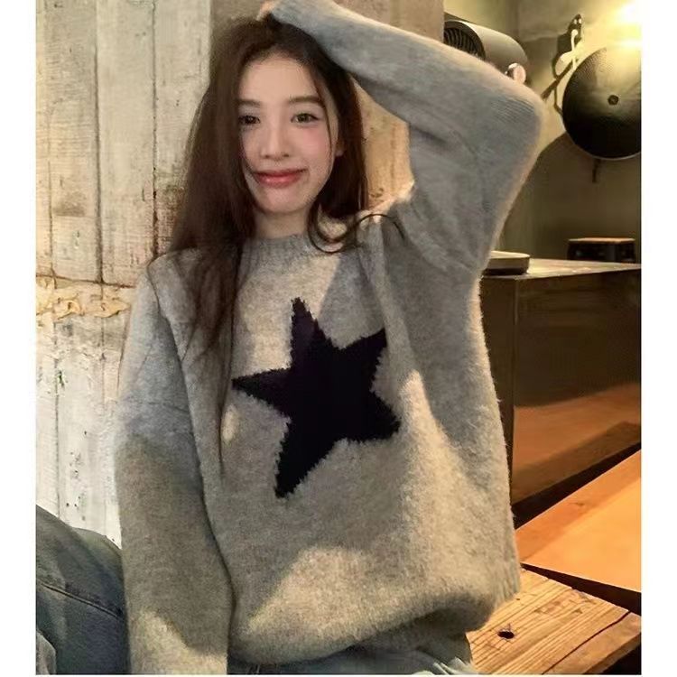 五角星圓領軟糯套頭針織衫女上衣灰色塗鴉寬鬆秋冬慵懶風寬鬆毛衣