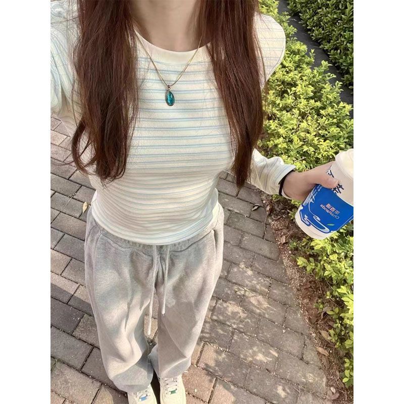設計感小眾別致撞色條紋長袖T恤女秋冬修身顯瘦內搭打底純棉上衣