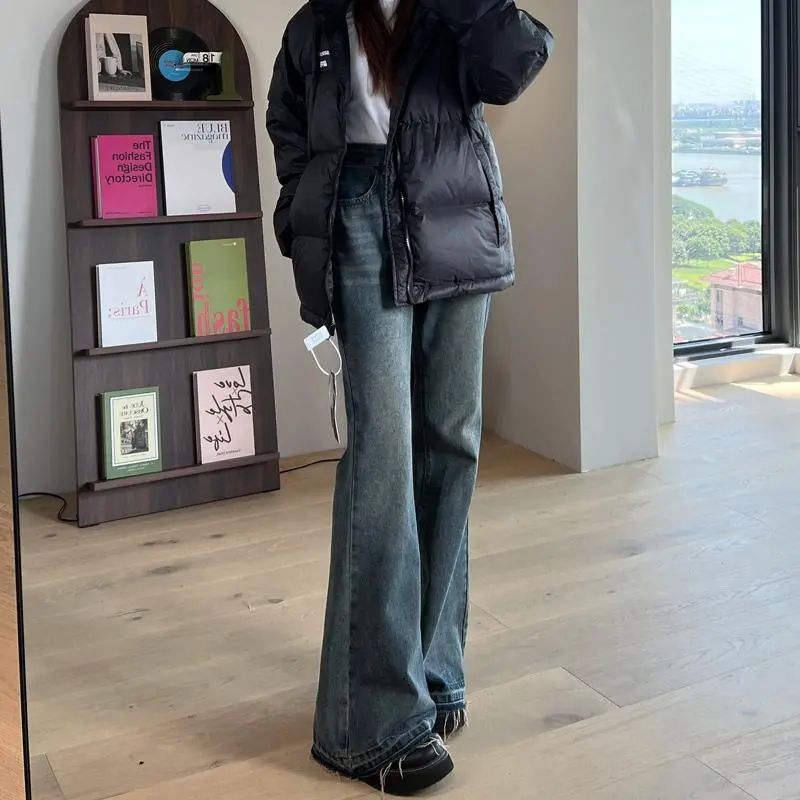 復古微喇牛仔褲女秋冬2023新款美式高腰顯瘦不貼腿水泥灰喇叭褲子