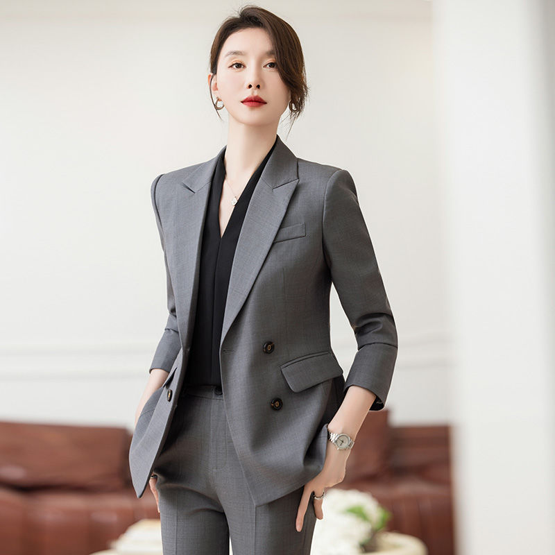 灰色西裝套裝女秋冬季新款面試職業裝西服外套氣質酒店前台工作服