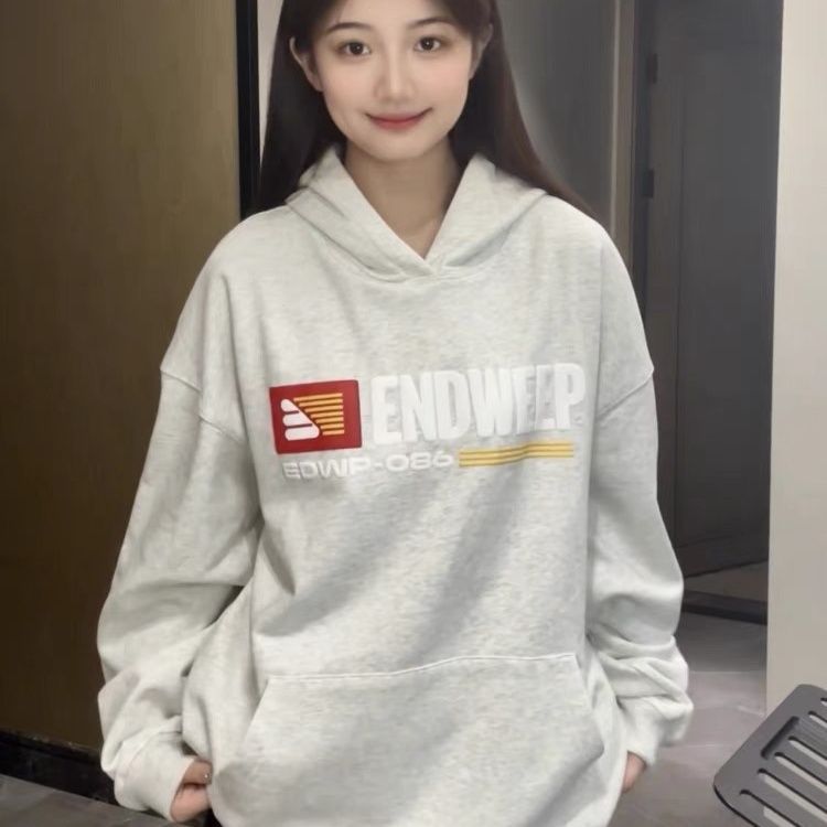 國潮美式復古字母印花連帽衛衣女秋冬新款寬鬆重磅純棉銀狐絨外套