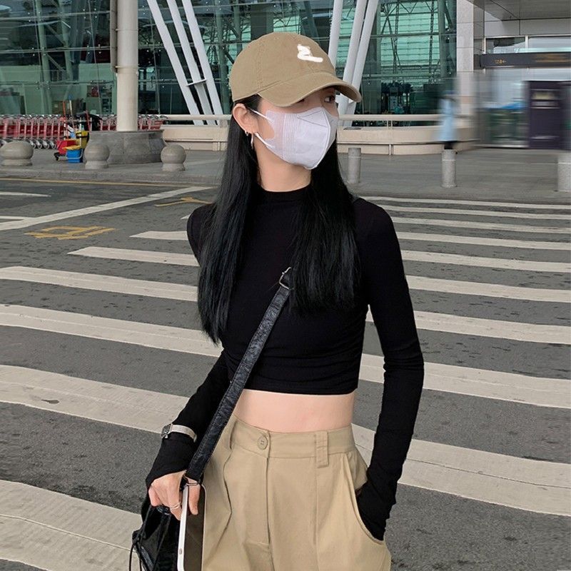 春秋冬打底衫可外穿美拉德長袖t恤女修身顯瘦高腰內搭辣妹短上衣