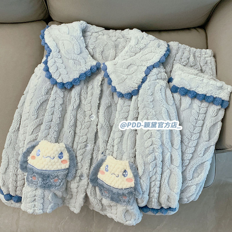 珊瑚絨睡衣女秋冬季加厚毛絨學生卡通可愛玉桂狗法蘭絨家居服套裝