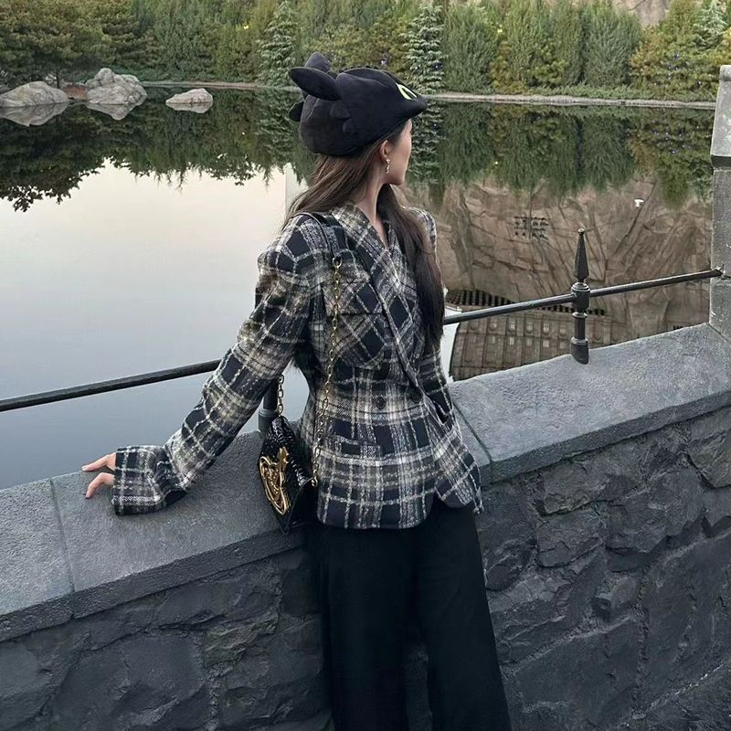 Pure lust style retro plaid woolen suit jacket autumn and winter new high-end slim fit shoulder pad suit top