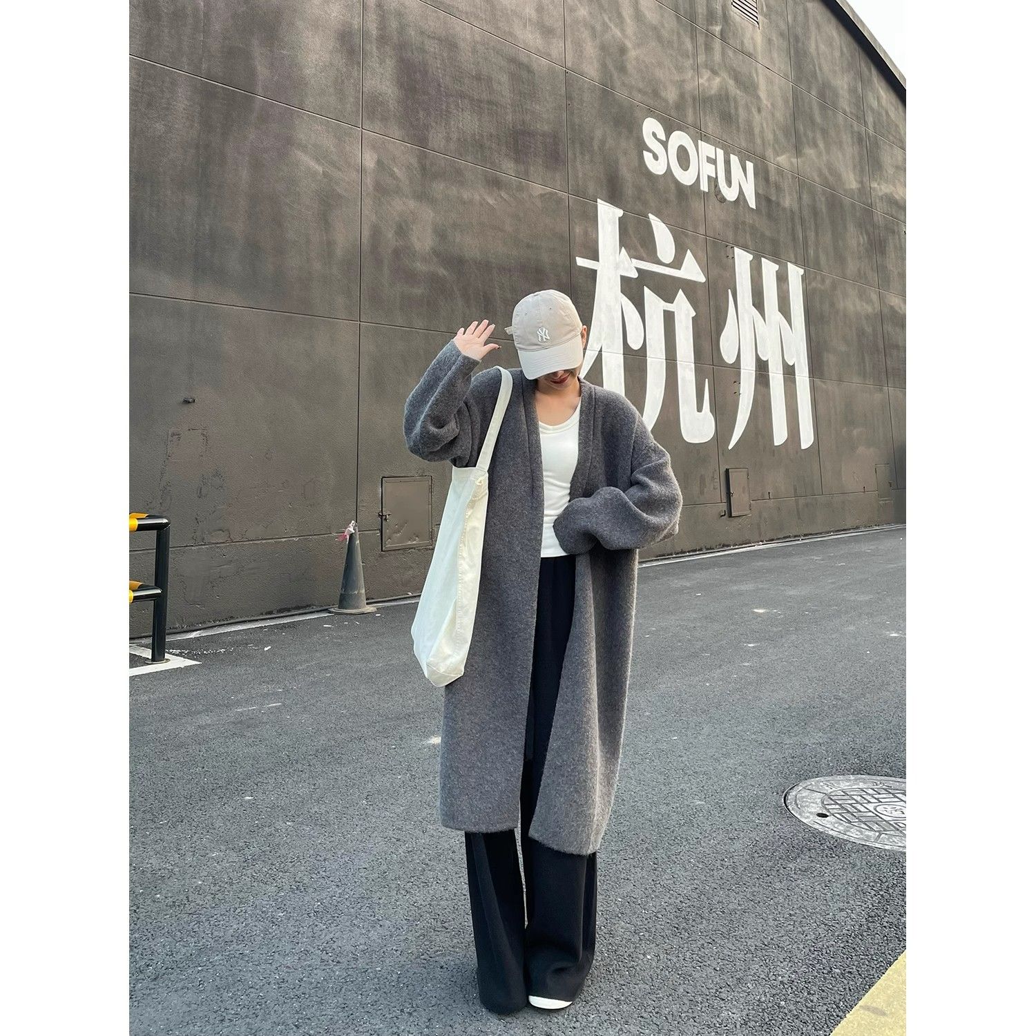 Gray mid-length over-the-knee sweater coat for women in autumn and winter loose lazy style knitted cardigan Korean style outer coat