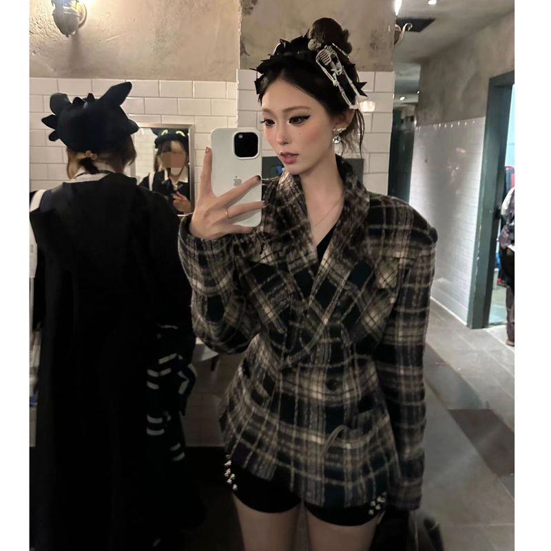 Pure lust style retro plaid woolen suit jacket autumn and winter new high-end slim fit shoulder pad suit top