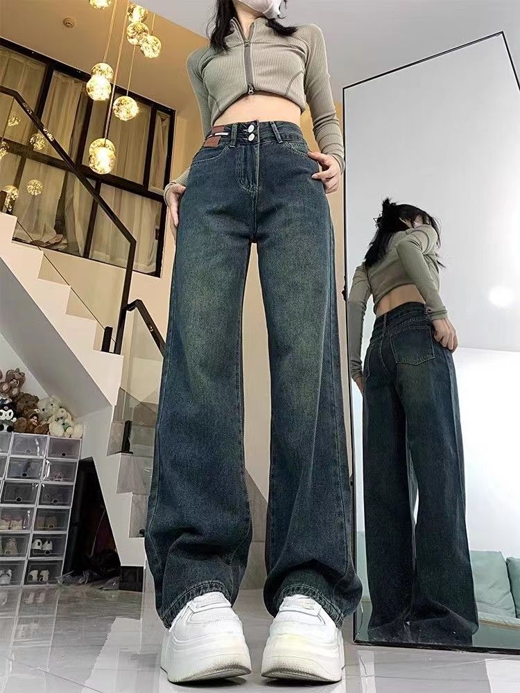 美式復古高街高個子直筒牛仔褲女秋冬高腰寬鬆顯瘦顯高窄版闊腿褲