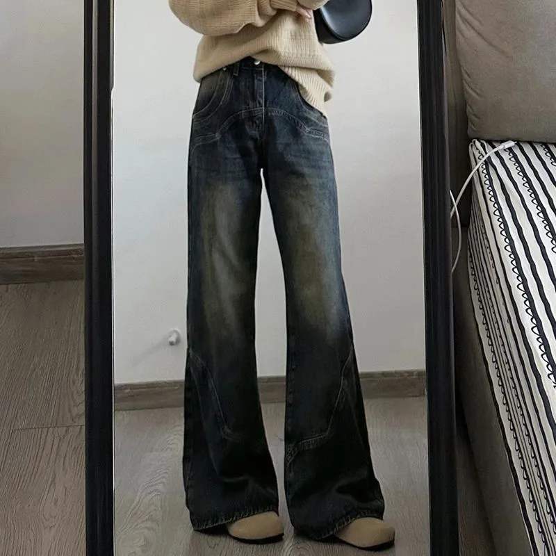 復古美拉德直筒牛仔褲女新款ins高腰設計寬鬆顯瘦拖地闊腿長褲潮