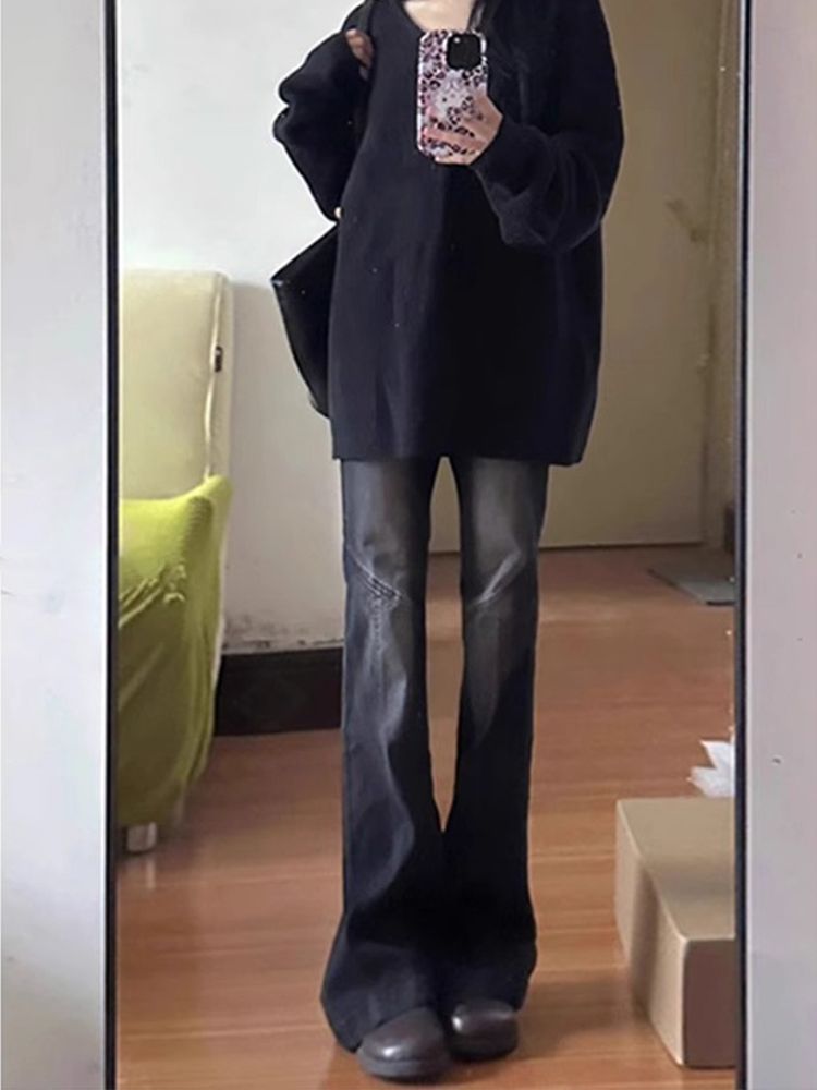 黑色復古微喇叭牛仔褲女冬季新款高腰緊身顯瘦百搭直筒拖地褲子潮