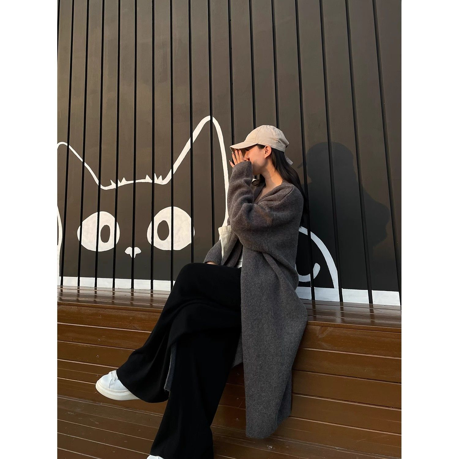 Gray mid-length over-the-knee sweater coat for women in autumn and winter loose lazy style knitted cardigan Korean style outer coat