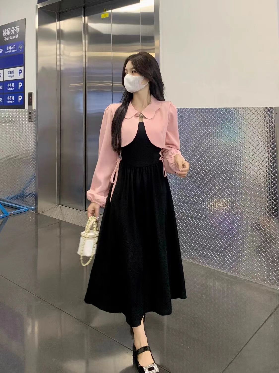 大碼法式連衣裙兩件套女2023年新款秋冬胖mm顯瘦氣質粉色綁帶長裙
