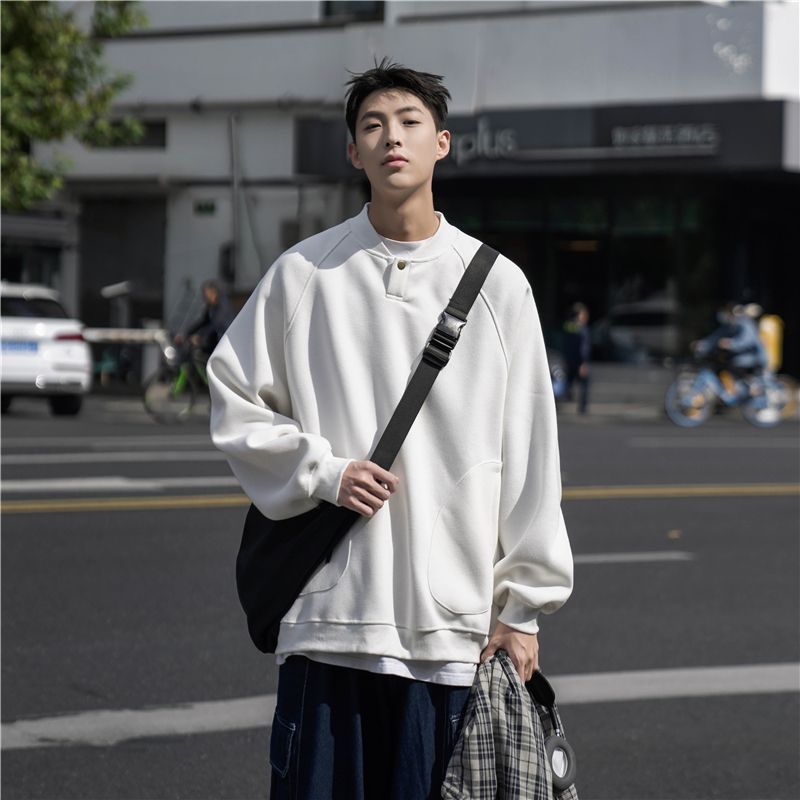 重磅圓領加絨衛衣男秋冬季美式cityboy新款純色外套高街潮牌衣服