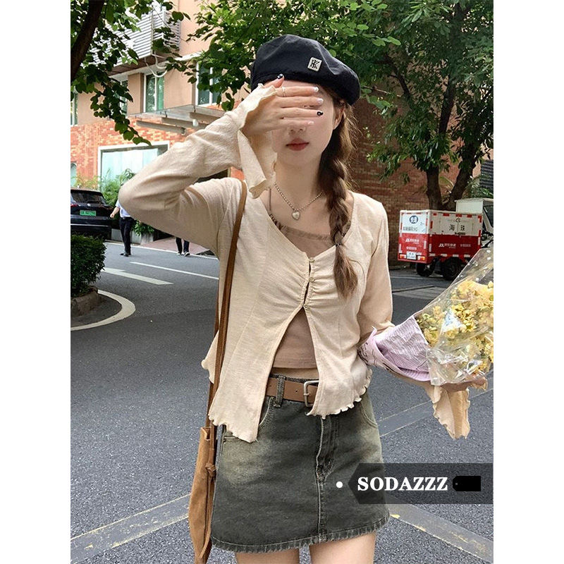 SODAZZZ純欲短款修身掛脖繫繩吊帶長袖T恤女秋冬新款修身顯瘦上衣