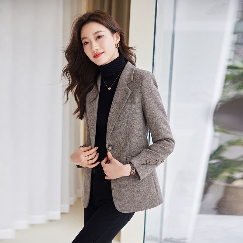 High-end gray suit jacket for women 2023 new autumn and winter British style casual women's non-iron suit winter thickening
