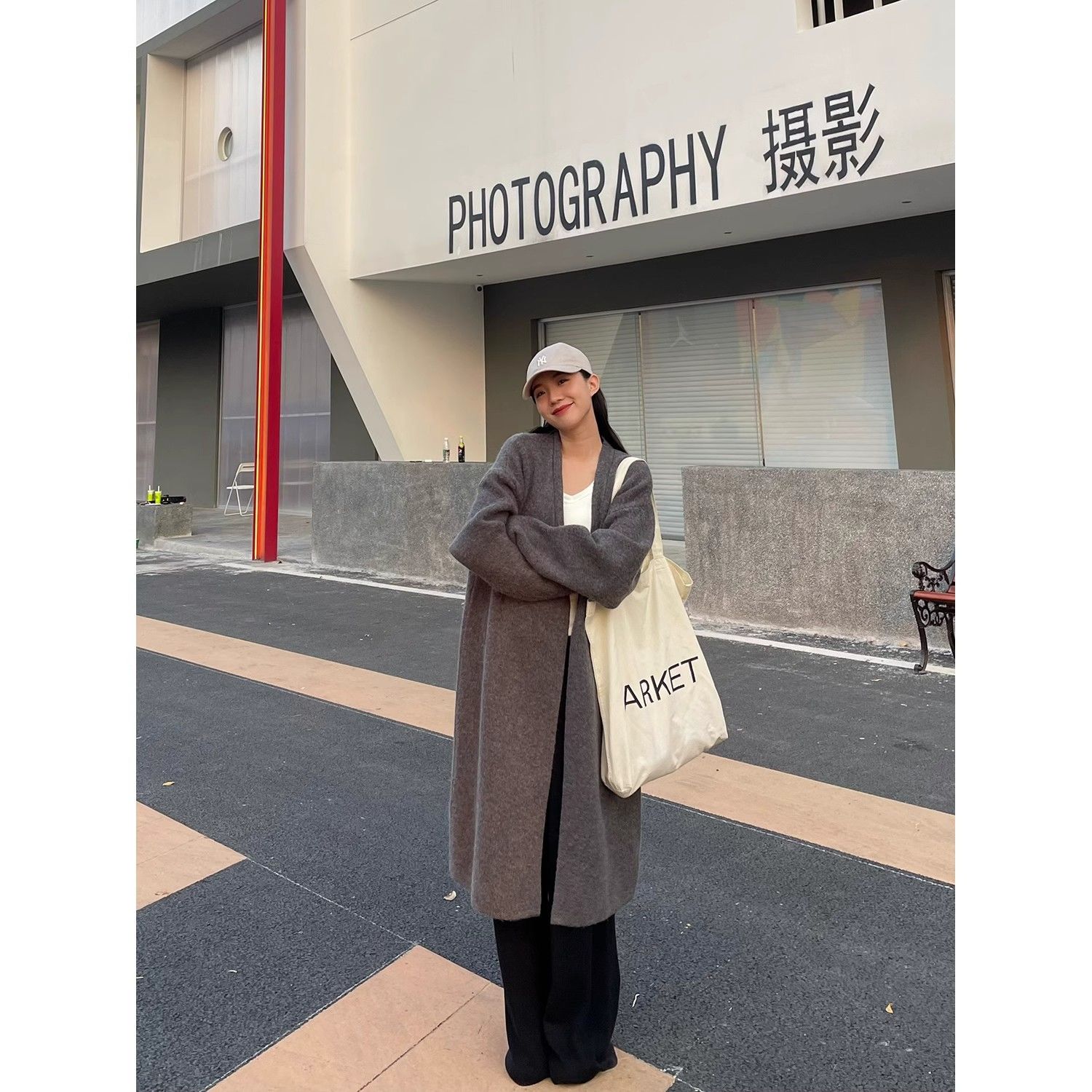 Gray mid-length over-the-knee sweater coat for women in autumn and winter loose lazy style knitted cardigan Korean style outer coat