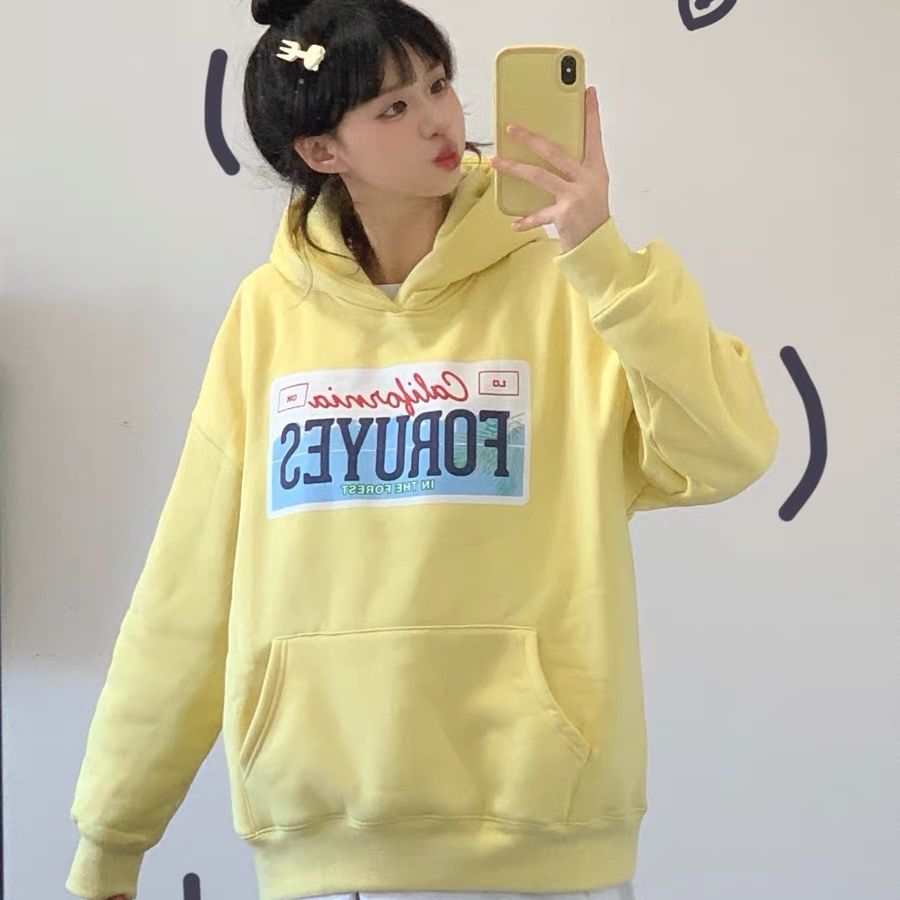 國潮美式復古印花圖案連帽衛衣女秋冬新款寬鬆重磅純棉銀狐絨外套