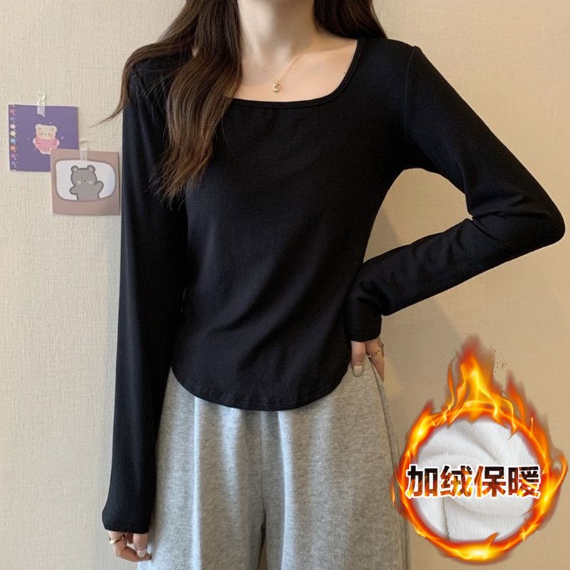 大碼女裝秋冬季2023新款加絨打底衫辣妹長袖不規則T恤女正肩上衣