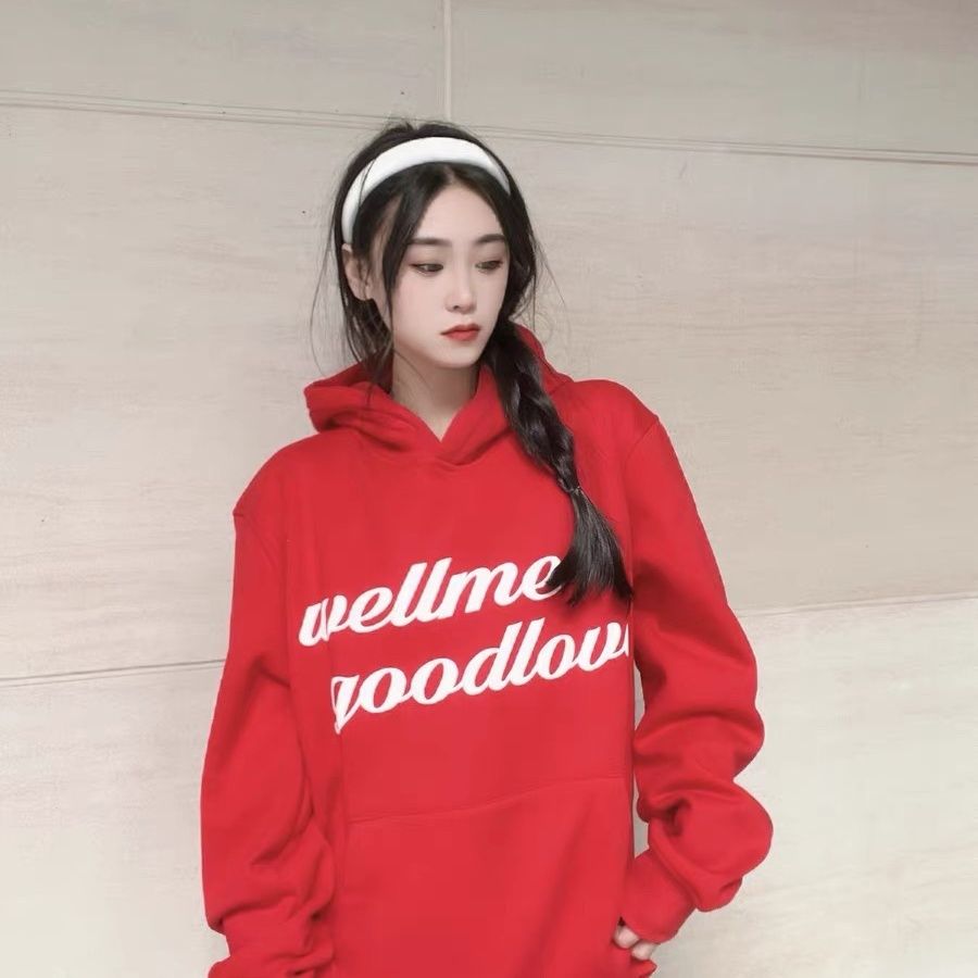 國潮美式復古字母印花連帽紅色衛衣女秋冬新款重磅純棉銀狐絨外套