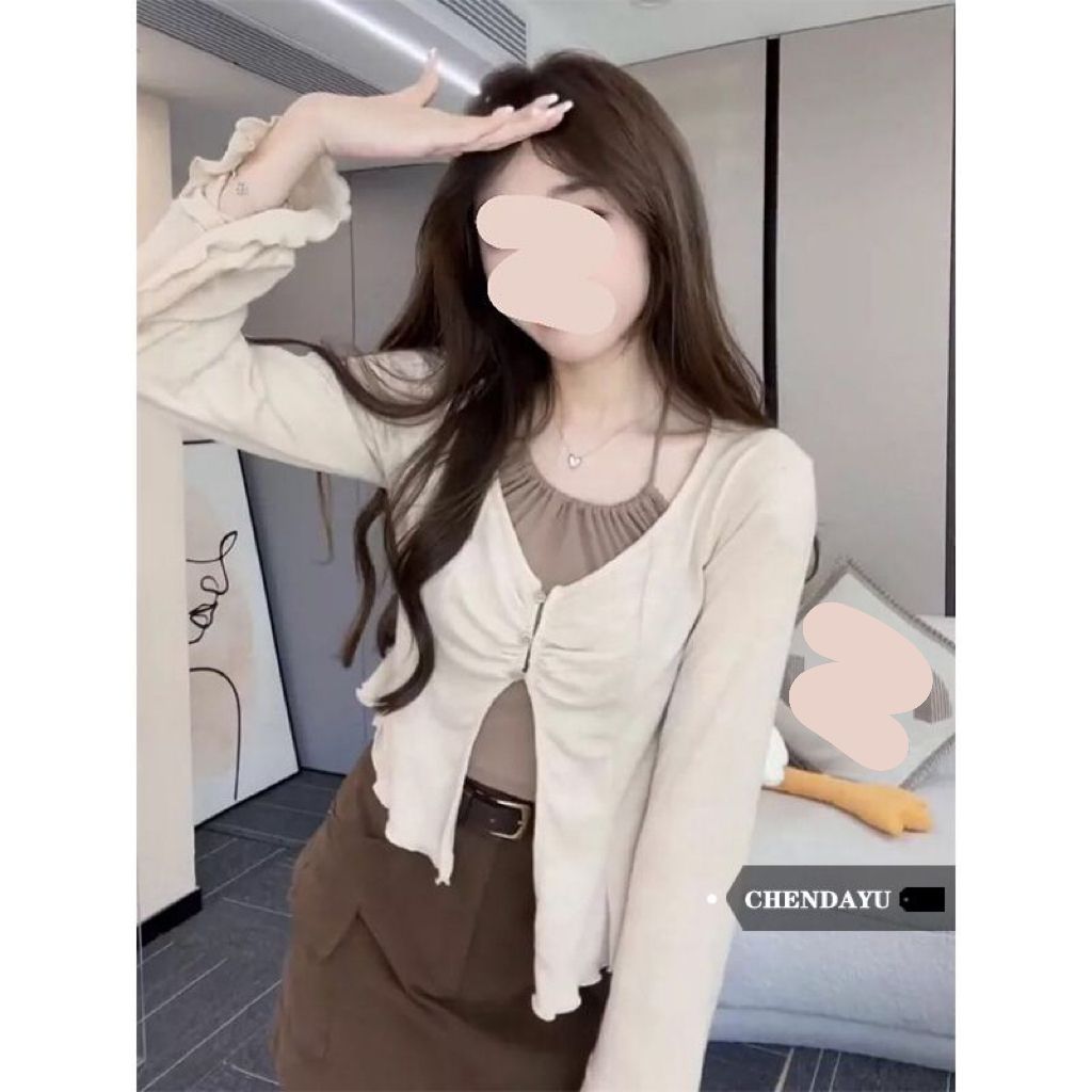 陳大鈺純欲掛脖背心T恤女秋冬季新款辣妹修身不規則設計感上衣ins