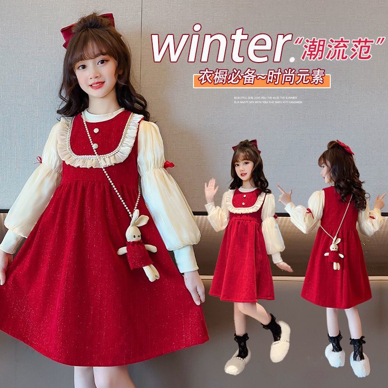 女童連衣裙秋冬過年衣服洋氣兒童套裝裙子紅色新年裝拜年服公主裙