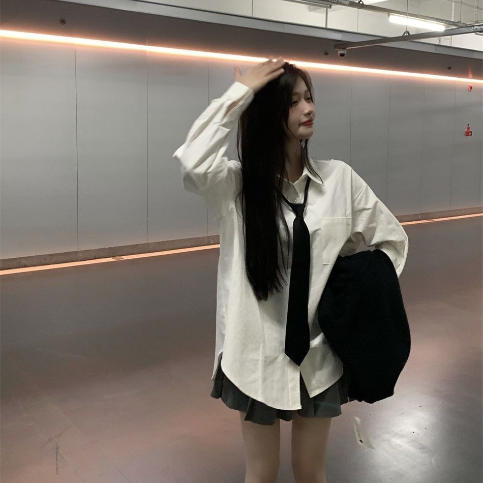 韓流春秋外穿內搭JK領帶中長款長袖白色襯衫設計感小眾寬鬆女襯衣
