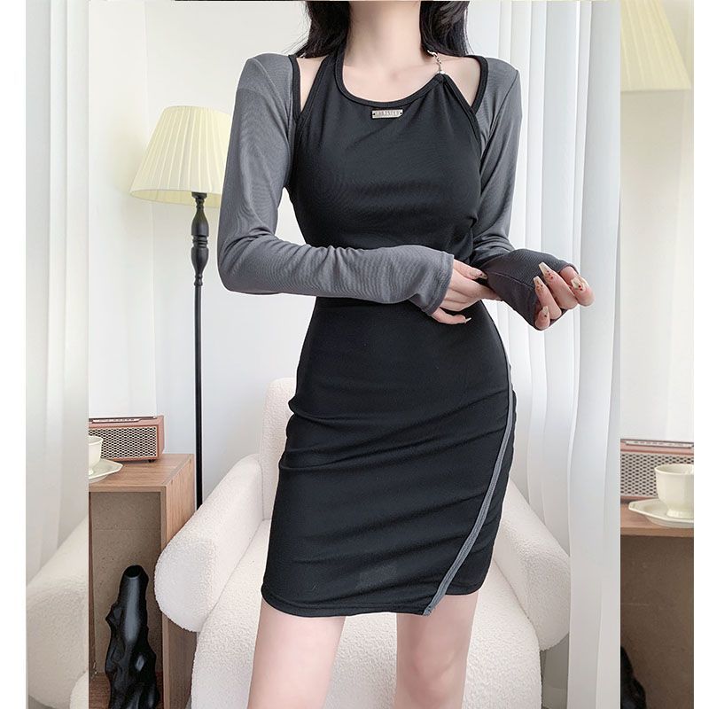 Swimsuit French design new dress neck fake two-piece long-sleeved conservative slim slimming hot style pure lust style skirt