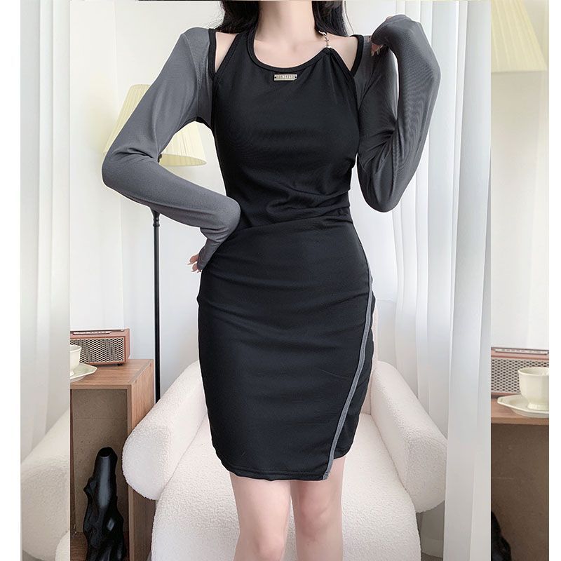 Swimsuit French design new dress neck fake two-piece long-sleeved conservative slim slimming hot style pure lust style skirt