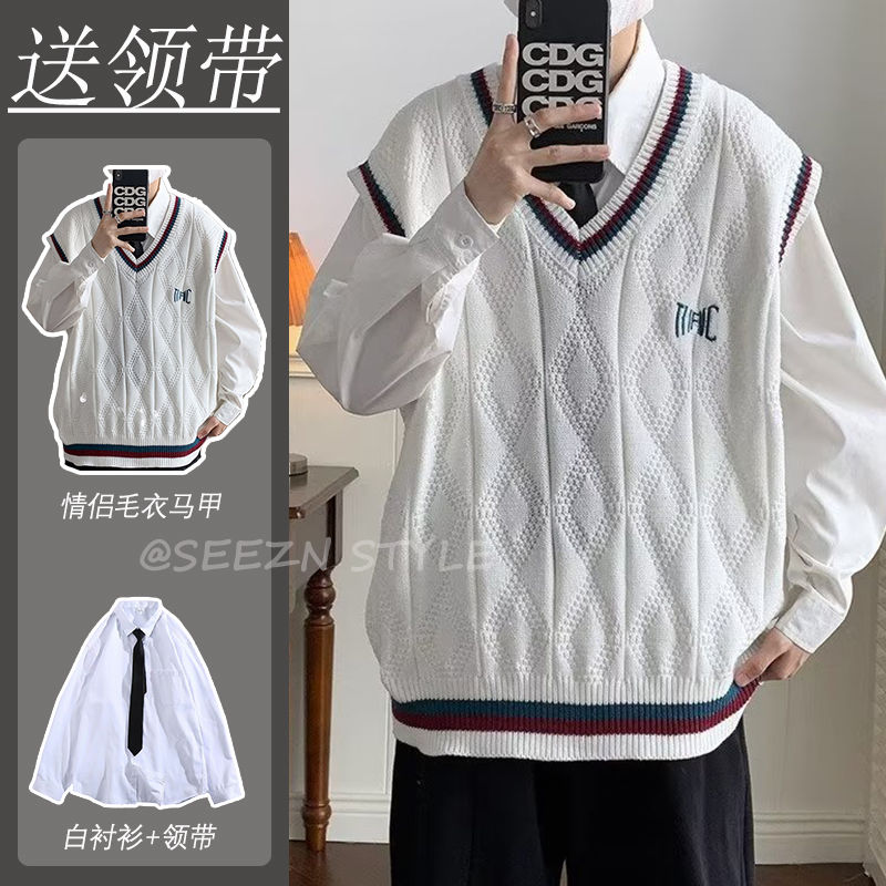 Autumn and winter college style sleeveless sweater vest for men Korean style trendy loose and versatile couple lazy style sweater vest