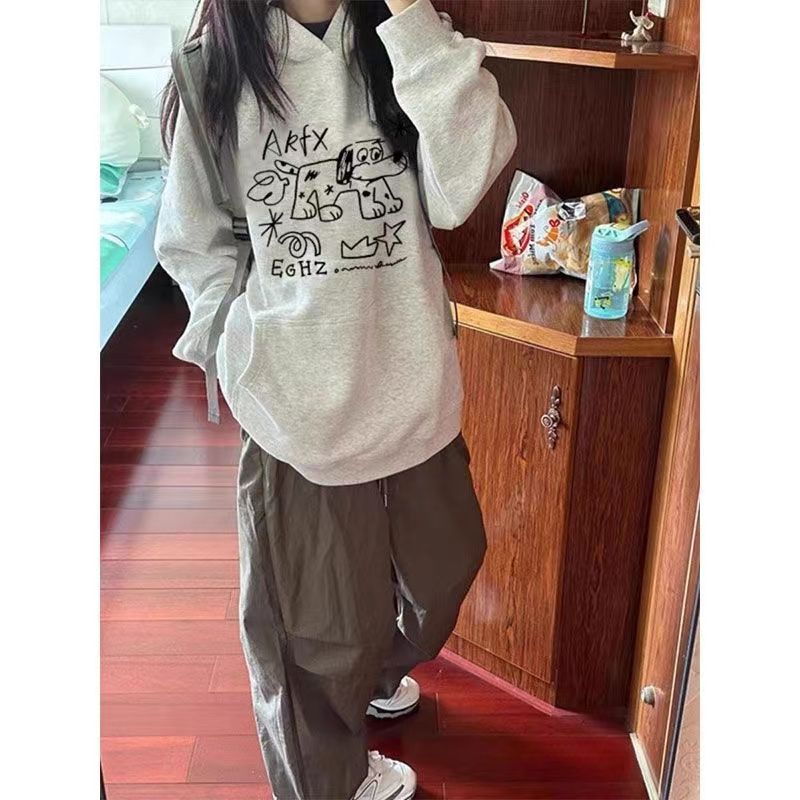 國潮美式字母小狗印花連帽衛衣男女ins高街慵懶BF風加絨情侶帽衫