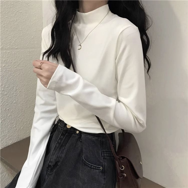 半高領打底衫女秋冬款德絨磨毛立領顯瘦內搭上衣長袖T恤白色半領