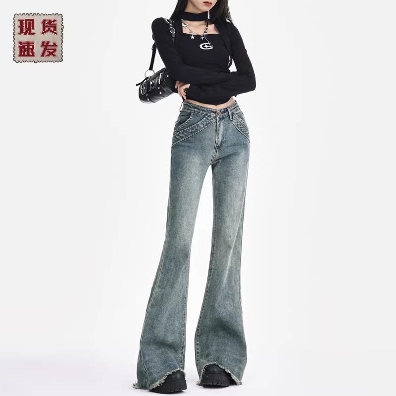 復古設計感毛邊微喇叭牛仔褲女秋冬低腰辣妹拼接彈力顯瘦拖地長褲
