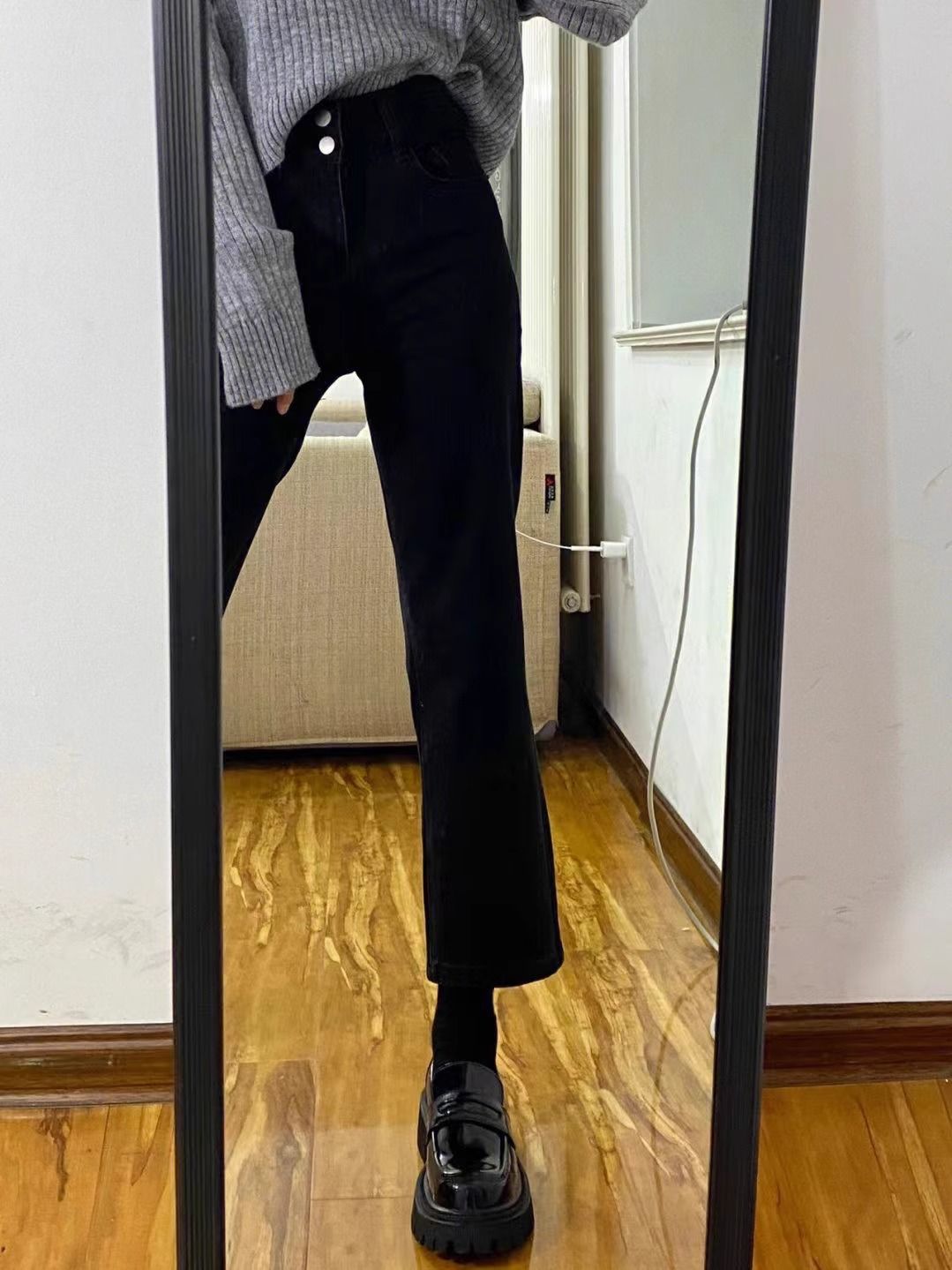 2023秋冬新款黑色直筒牛仔褲女小個子高腰九分窄版彈力毛邊煙管褲