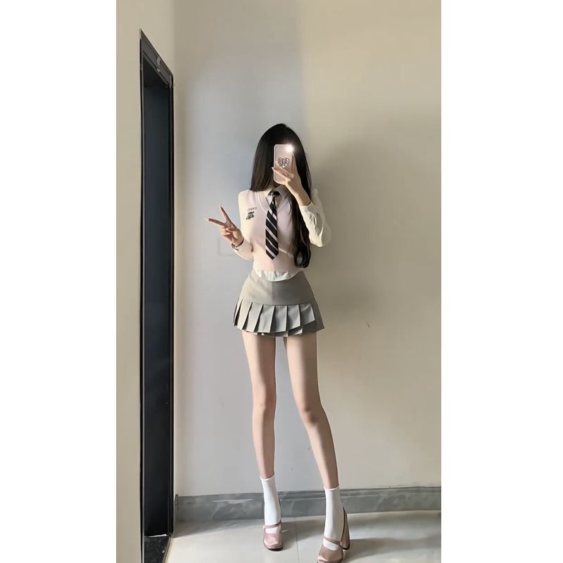 套裝女2023秋季新款辣妹V領短款針織毛衣馬甲襯衫高腰百褶半身裙