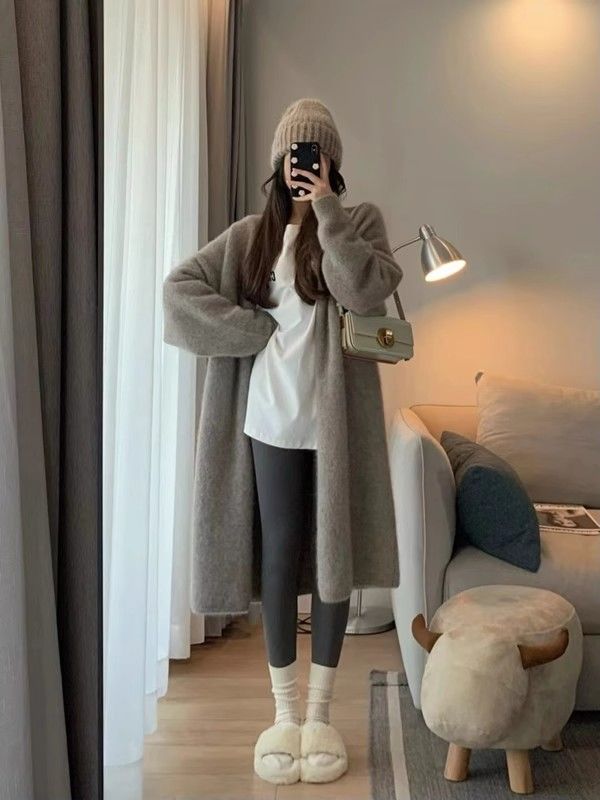 Gray mid-length over-the-knee sweater coat for women in autumn and winter loose lazy style knitted cardigan Korean style outer coat