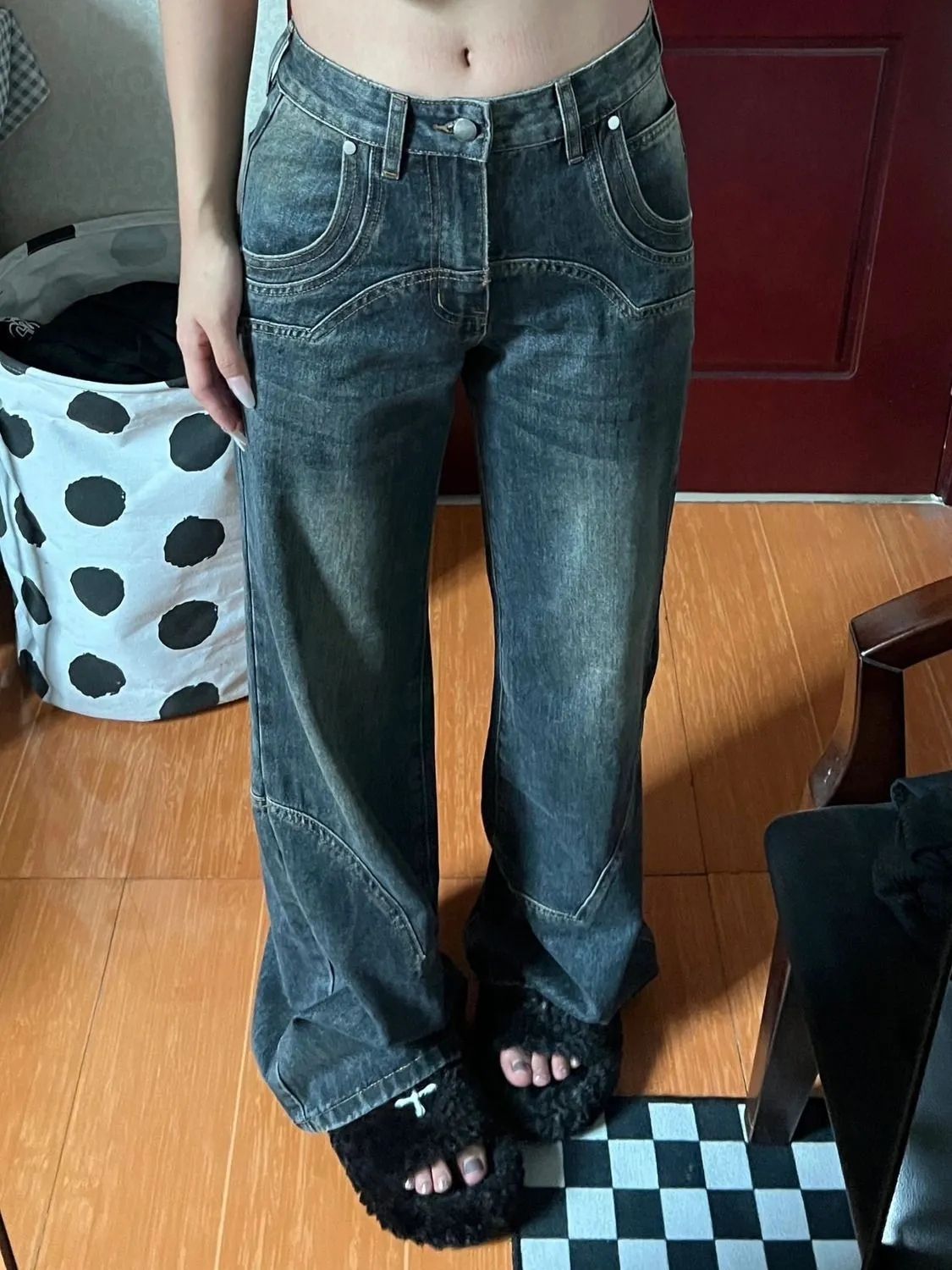 美式復古做舊牛仔褲女2023春秋新款高街設計感百搭顯瘦微喇闊腿褲